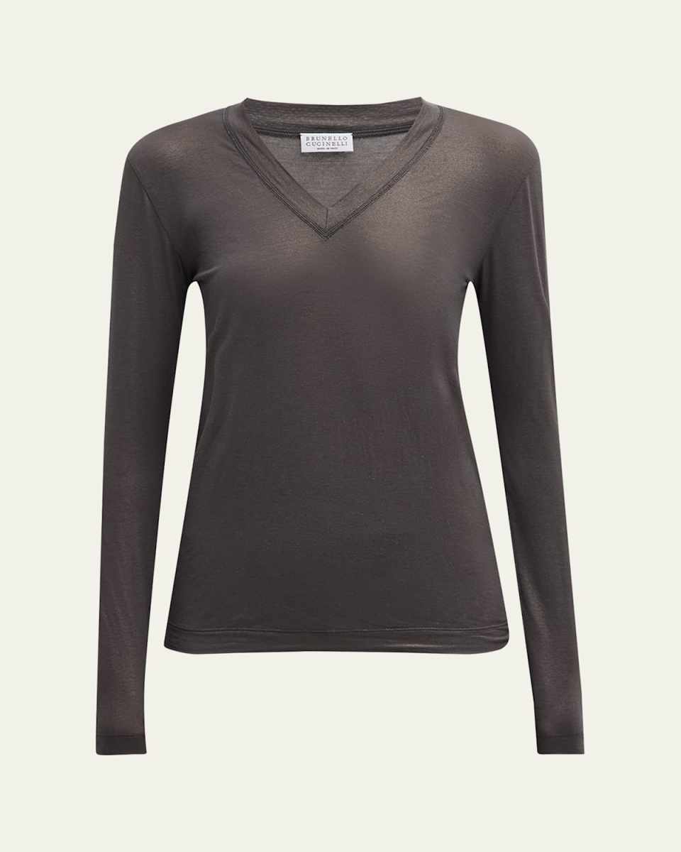 Monili V-Neck Long-Sleeve Lame Jersey Top